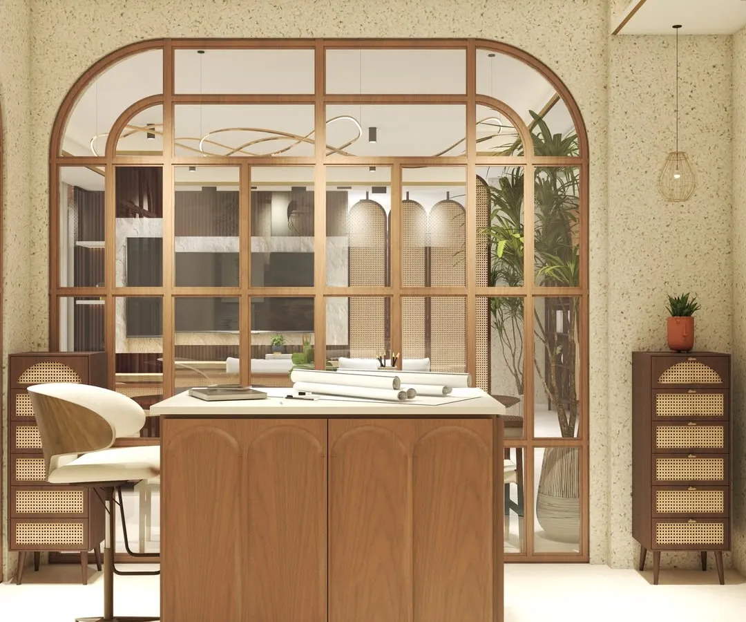This private cabin was designed for a client who wanted a bright, warm, and inspiring workspace. I used a large, wood-framed arched glass partition to maintain an open feel while ensuring privacy. The custom desk with a marble top and ergonomic chair create a comfortable and stylish workstation.