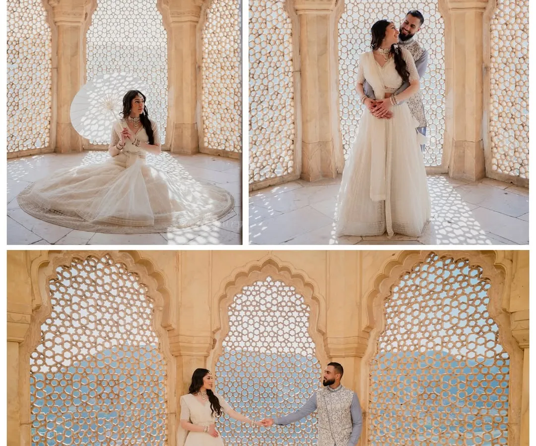 This collage captures the timeless elegance of a pre-wedding shoot within the famous jharokhas of Amer Fort. We used the natural light filtering through the intricate lattice work to create these soft, romantic portraits for Amrit and Gagan, showcasing both grand architecture and intimate moments.