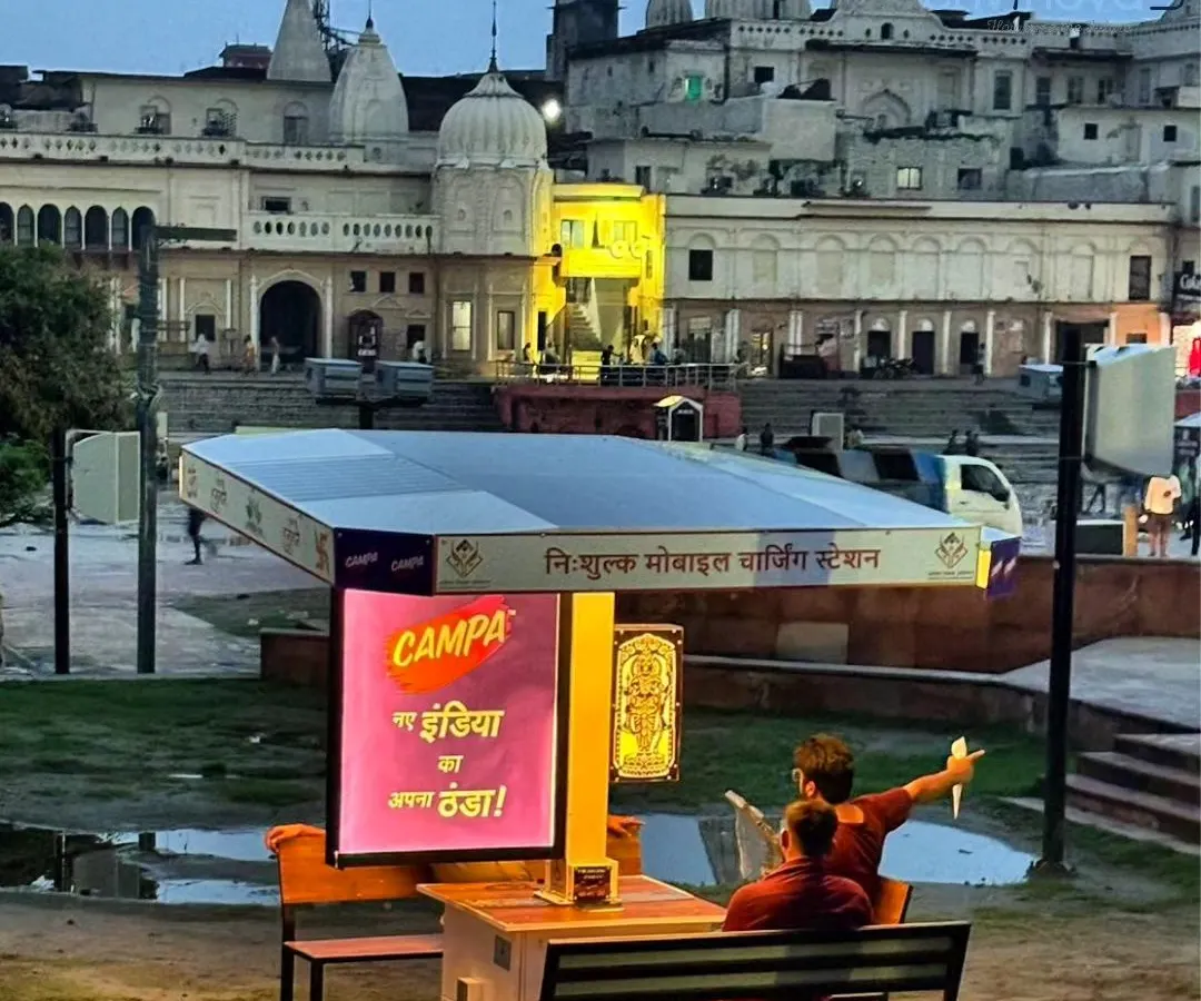 As dusk settles over Ayodhya, our solar-powered shelter illuminates the ghats, providing a serene and safe space for pilgrims and locals. This installation, set against the backdrop of historic temples, blends modern sustainable technology with the spiritual heart of the city.