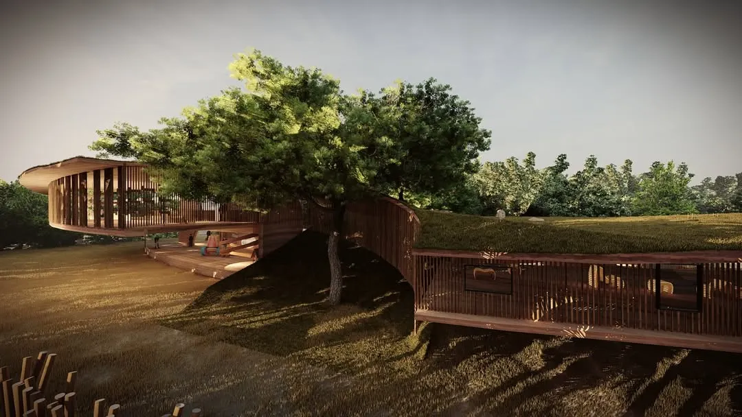 For the Elephant Pavilion in Pollachi, we designed a structure that works with the landscape, not against it. The building sits low, following the natural contours and preserving existing trees, creating a space for low-impact tourism that respects the surrounding wildlife corridor.
