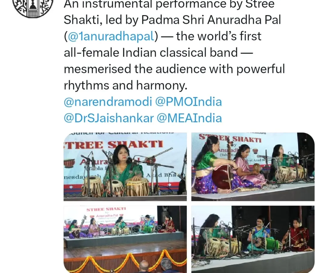 I am incredibly proud of my band, Stree Shakti, the world's first all-female Indian classical ensemble. Here is a post from the Indian Council for Cultural Relations (ICCR) recognizing our performance for their 75th foundation day, a moment that celebrated both our cultural heritage and the power of women in music.
