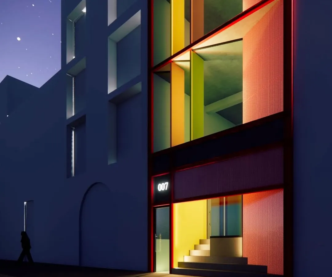 A conceptual design for an office building in Defence Colony, New Delhi. The facade uses colored glass fins to create a dynamic play of light and shadow, transforming the building into a vibrant urban landmark, especially after dusk.
