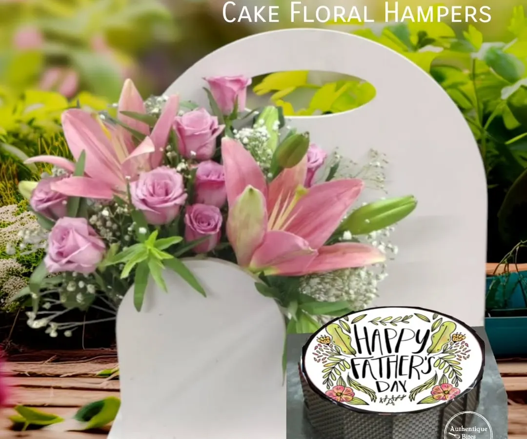 Our cake and floral hampers are a perfect all-in-one gift for special occasions like Father's Day. This hamper features one of our signature cakes paired with a beautiful, fresh bouquet of lilies and roses, all delivered together across Delhi-NCR.