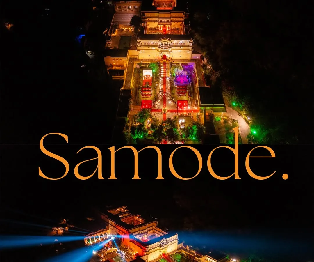 Using drones, I capture the epic scale of your wedding venue. This aerial shot of the Samode Palace at night showcases the magnificent lighting and grandeur of a destination wedding, setting a truly cinematic scene.