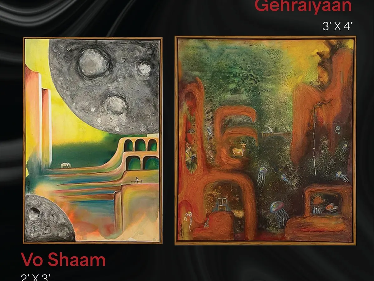 These two pieces, "Gehraiyaan" and "Vo Shaam," are explorations into surrealism. I love playing with big moons, shadows, and a sense of mystery to create dream-like landscapes that pull you into another world. They are about the beauty found in light and darkness.