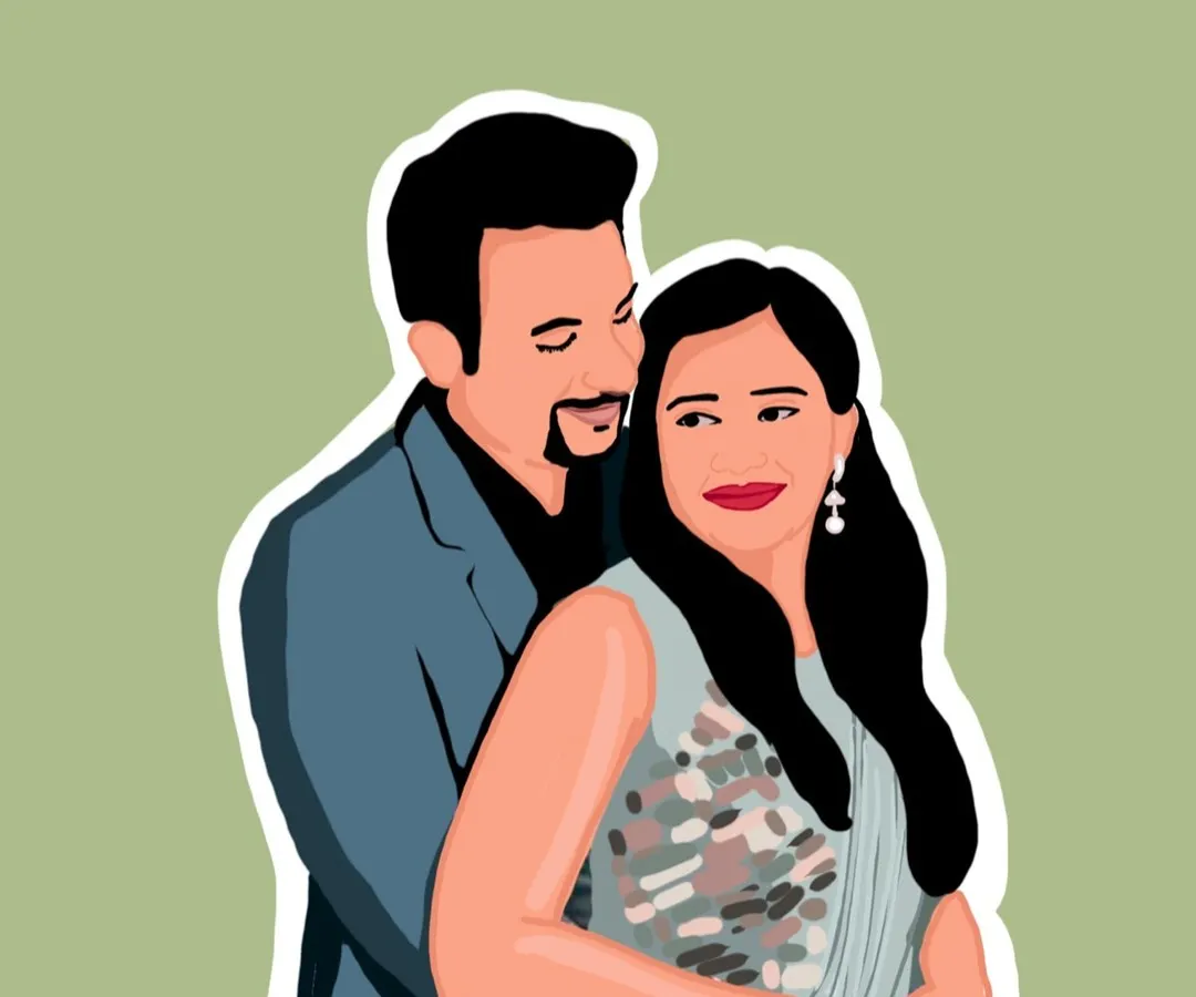 A perfect digital memento for couples, ideal for an anniversary or birthday gift. This piece features custom string lights in the background to add a warm, celebratory feel to the portrait illustration.