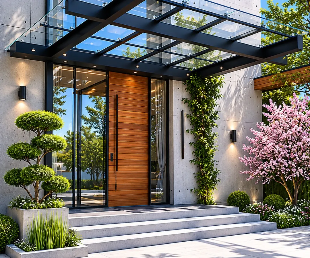 We believe a grand entrance sets the tone for the entire home. This modern glass canopy provides weather protection without sacrificing light, creating a welcoming and architecturally striking entryway for a luxury villa.