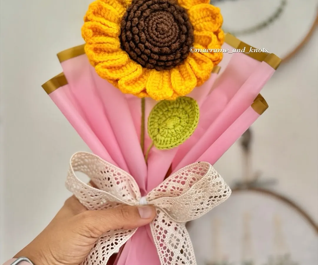 A single, large crochet sunflower makes such a happy and bold statement. It's a perfect, simple gift to show someone you care, and this one is wrapped and ready to bring a smile to someone's face.