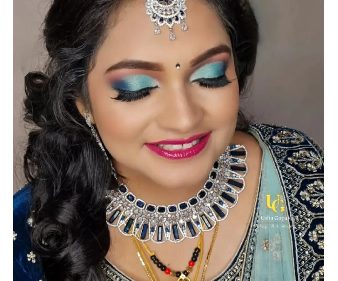 A close-up of Akshatha's stunning reception makeup. She wanted a glamorous look with glitter, and I loved creating this bold blue smokey eye to match her velvet lehenga.