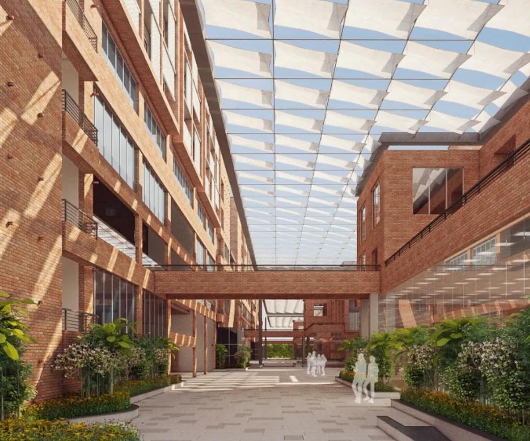 This concept render for Rishihood University illustrates our approach to campus planning. We design circulation zones as active extensions of the learning environment, creating hubs of engagement where chance encounters and collaborative moments can occur naturally.