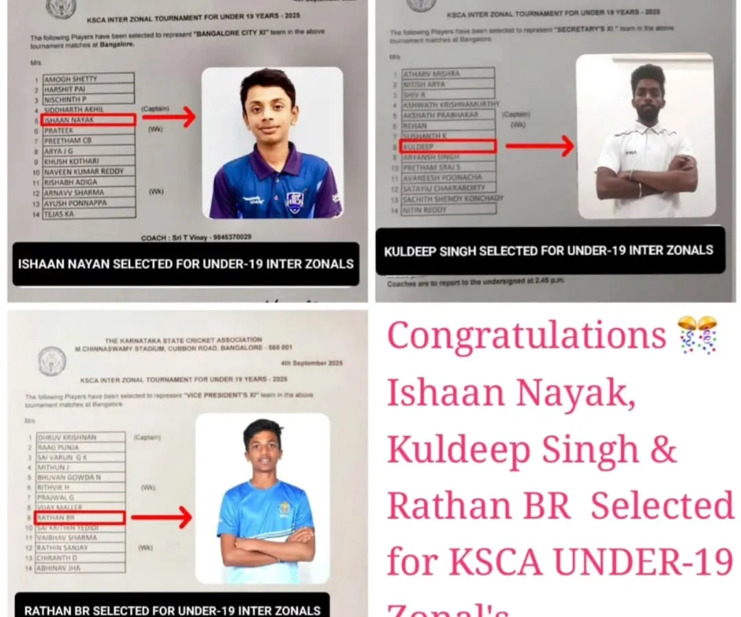 This is the result of dedication. We proudly congratulate our students Ishaan Nayak, Kuldeep Singh, and Rathan BR on their selection for the KSCA Under-19 Inter Zonal tournament.