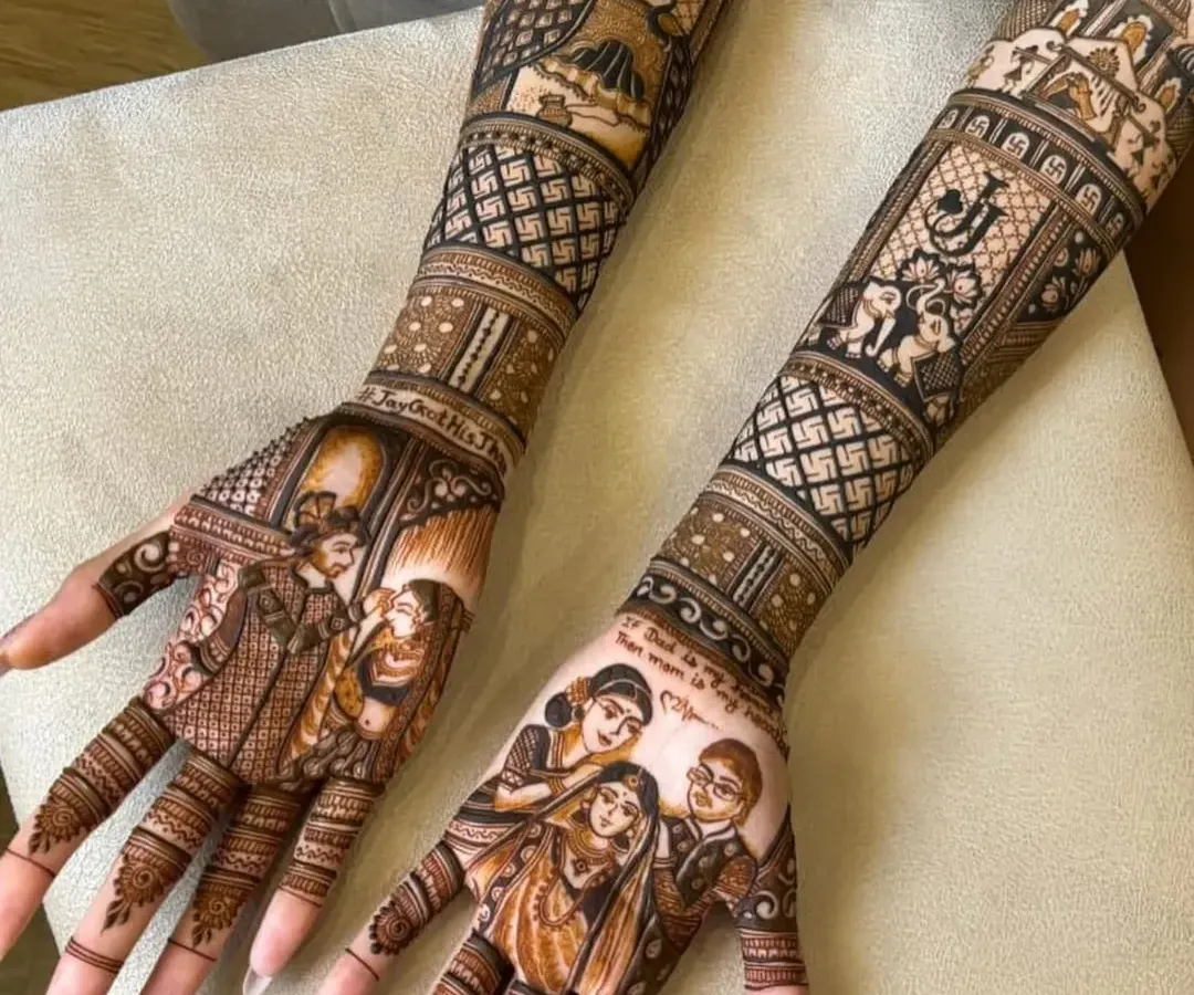 Your mehndi can include your whole family. Here, I created custom portraits of the bride with her loved ones, turning her henna into a cherished memory she can wear.