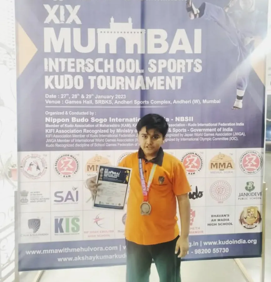 Hard work pays off. This is Arnav, one of our students, after winning second place at the Mumbai Interschool Kudo Tournament. We don't just train in the gym; we prepare them to test their skills and prove their grit.