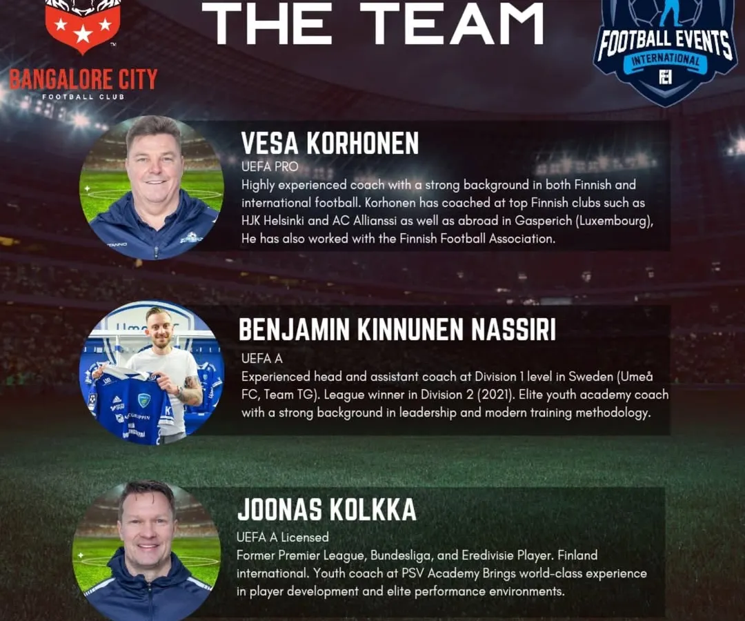 We connect our players with top-tier international expertise. Through our partnership with Football Events International, our athletes get guidance from UEFA licensed coaches like Vesa Korhonen, Benjamin Kinnunen Nassiri, and former Premier League player Joonas Kolkka, who bring world-class development methodologies to our club.