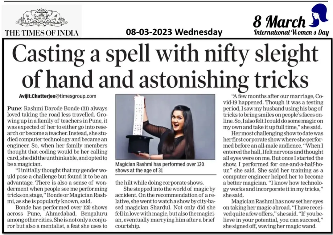 I was so honored to be featured in The Times of India for my journey as a female magician. This article shares my story of turning passion into a profession and breaking new ground in a field I love. It was a truly blessed moment.