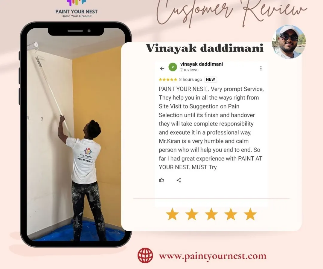 We believe our service is an emotion, a value shared by our clients. This review from Vinayak highlights our end-to-end support, from site visit and paint selection to the final handover, and mentions my personal involvement to ensure a calm, professional experience.