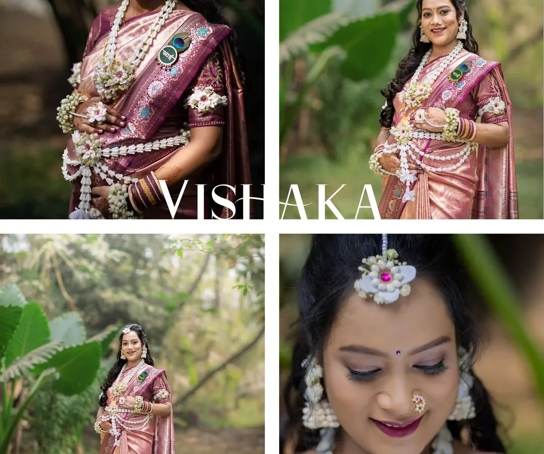 A collage capturing the joy and tradition of a Maharashtrian baby shower, or 'dohale jevan'. It showcases the mother-to-be in a beautiful Paithani saree and delicate floral jewelry, highlighting the candid moments and serene portraits from her special day.
