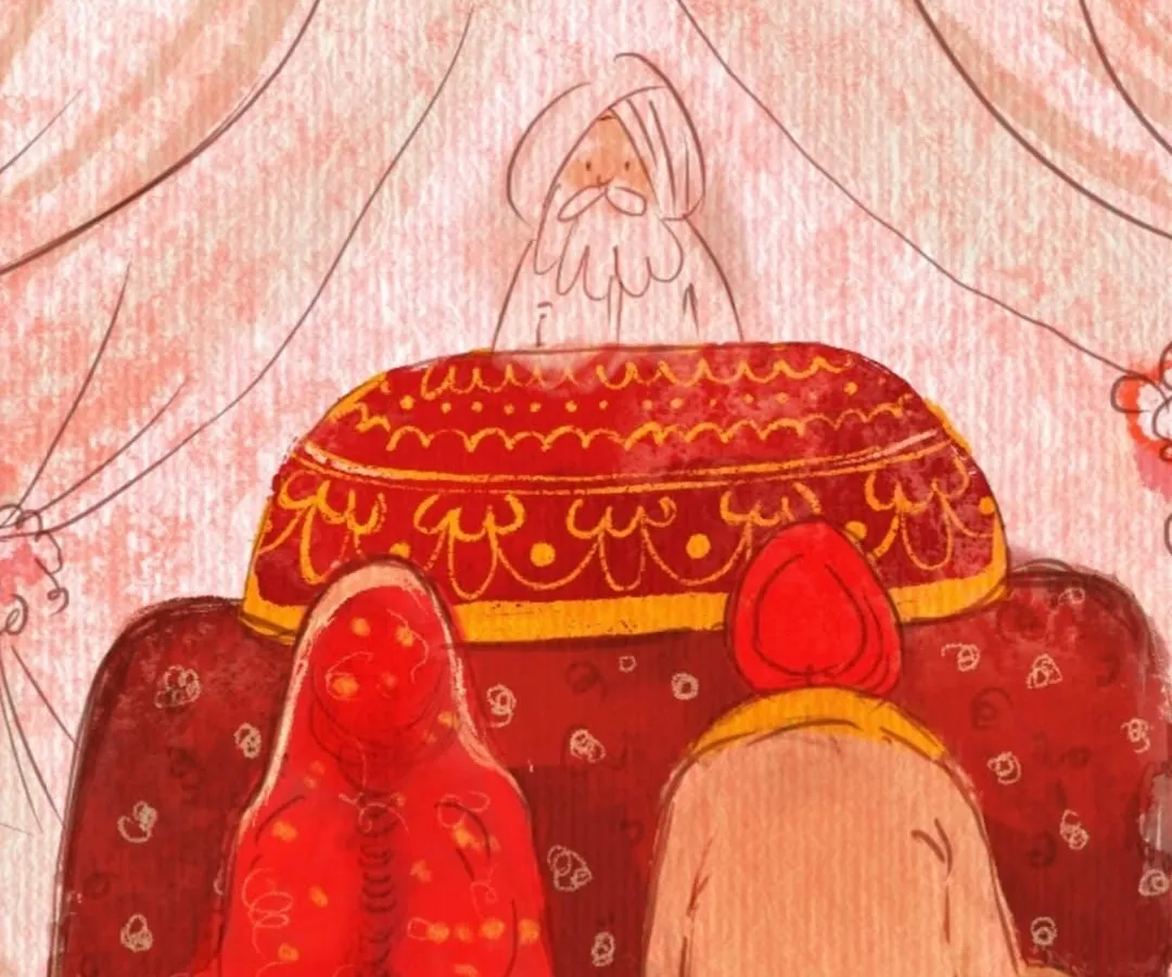 A depiction of the Anand Karaj, the Sikh wedding ceremony. I create ceremonial art that respects the sanctity of the moment, using soft textures and colors to illustrate the couple's union before the Guru Granth Sahib Ji.