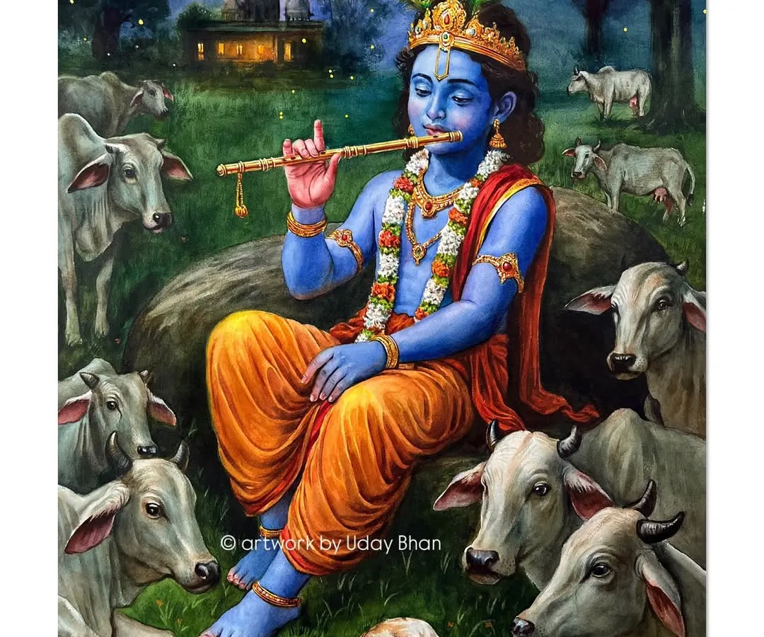 This painting of Shree Krishna was born from a place of quiet devotion. With every brushstroke, I felt a gentle presence, as if He was guiding my hand to capture the divine melody of his flute under the moonlight.