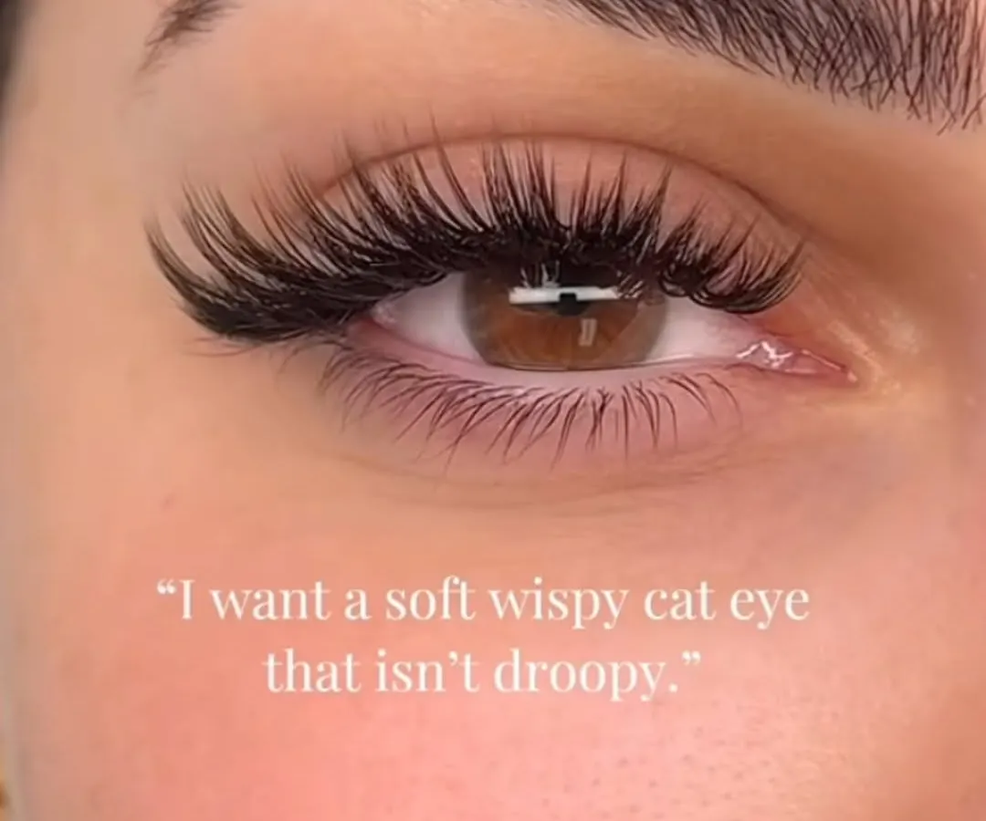 This is for everyone who asks for that "soft wispy cat eye that isn't droopy." I created this look by mixing different lash curls and lengths to give a lifted, elongated effect that looks fluttery and light. It’s a customized lash map that enhances your unique eye shape.