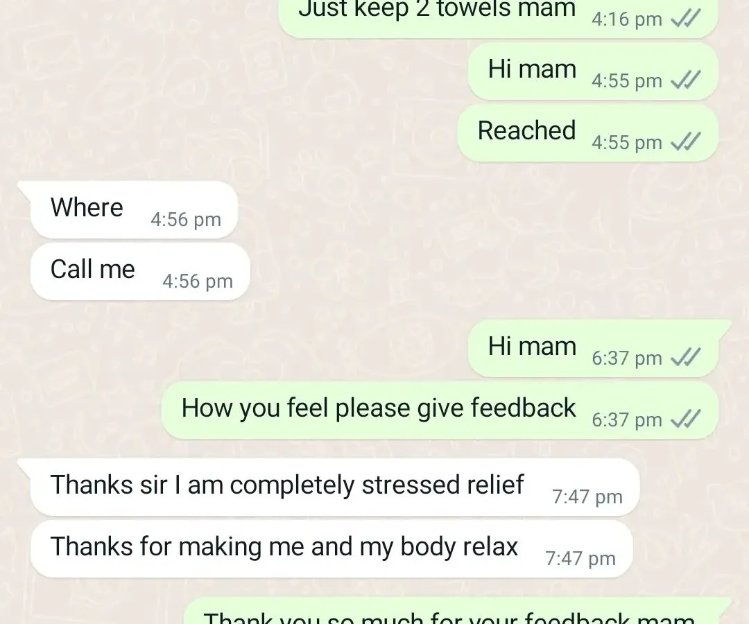 This is a client's feedback after a home service session. My main goal is to provide complete stress relief and help you and your body relax after a long day.