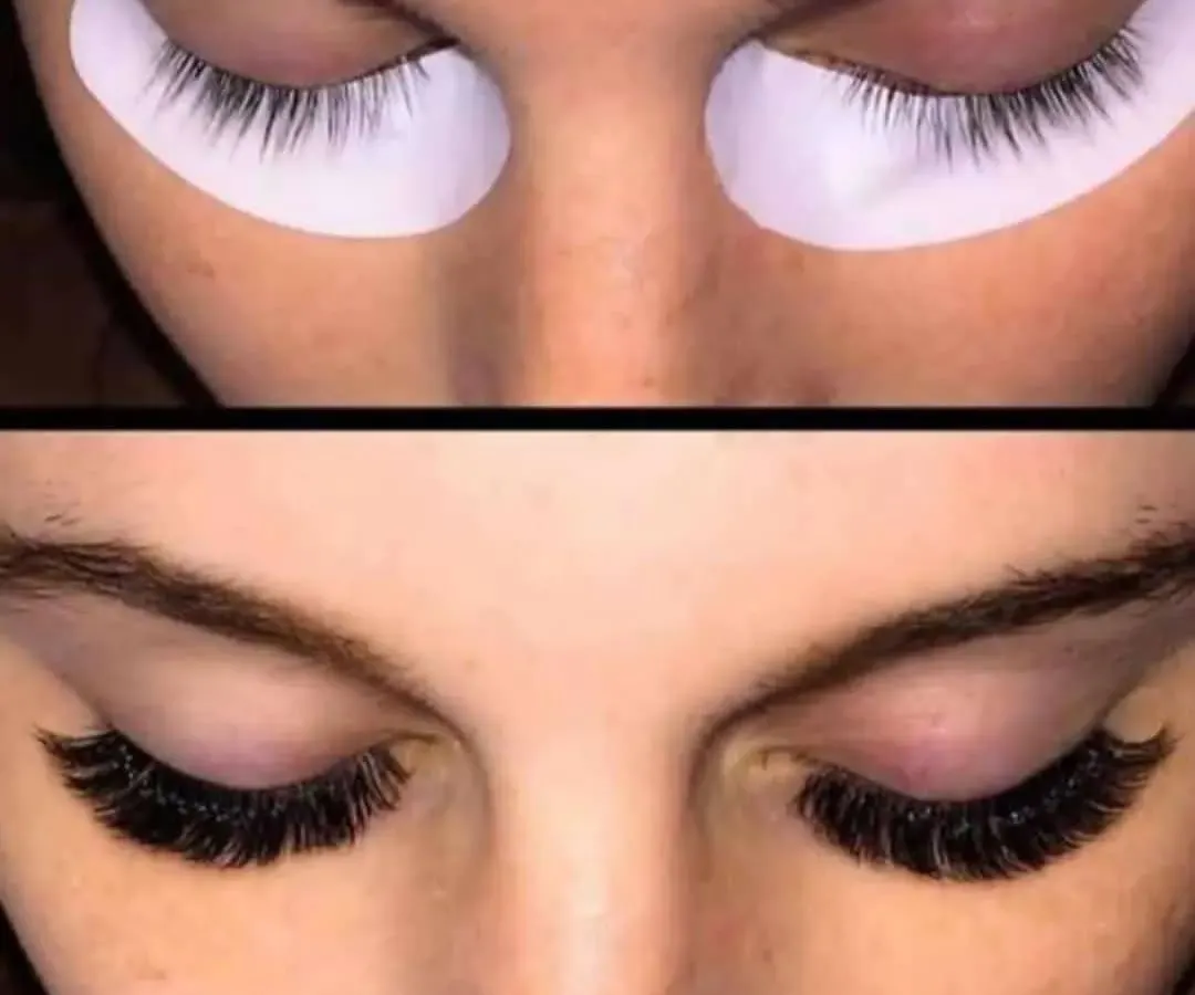 The ultimate before and after. This image shows how we can transform natural lashes into a full, dark, and perfectly shaped set of volume extensions, instantly enhancing the eyes.