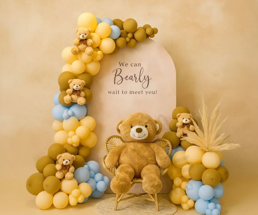 We can 'bearly' wait to celebrate with you. This adorable teddy bear theme is one of our most requested baby shower setups, featuring a custom arch, soft pastel balloons, and a cuddly teddy bear ready to welcome your little one.