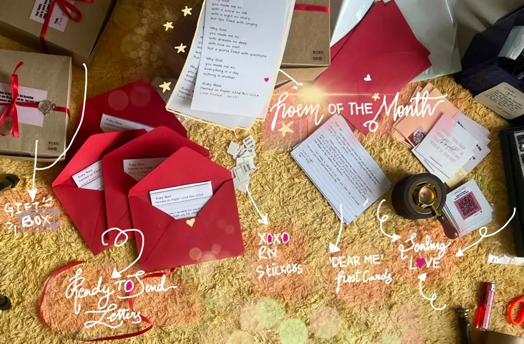 Here is a peek at the treasures you can expect in a monthly letter. Each package includes the Poem of the Month, 'Dear Me' affirmation cards for moments of reflection, and little surprises like my signature XOXO RN stickers. It's a curated box of feelings, ready to be unboxed.