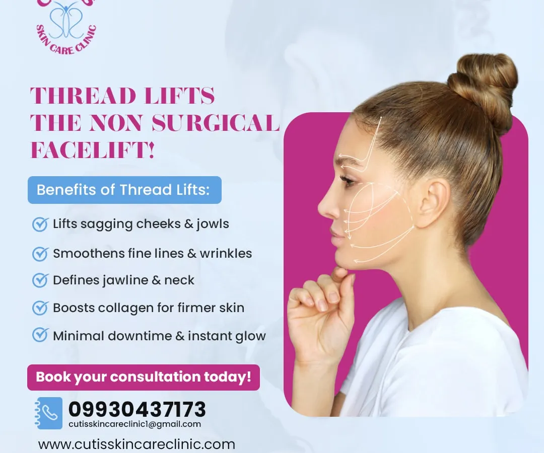 An overview of our Thread Lift procedure, a non-surgical facelift option. This graphic highlights key benefits such as lifting sagging cheeks, defining the jawline, and boosting collagen with minimal downtime.
