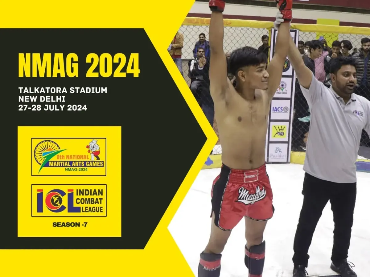 Our training prepares you for the highest levels of competition. Here is one of our fighters celebrating a victory at the National Martial Arts Games (NMAG 2024), a testament to the effectiveness of our MMA and combat sports coaching.