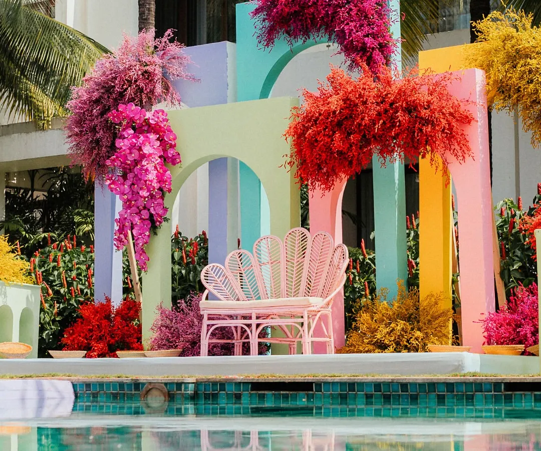 Welcome to the fun side. I designed this vibrant, poolside carnival mehendi at the W Goa, using a riot of color, playful structures, and tropical florals to create an atmosphere of pure joy and celebration.