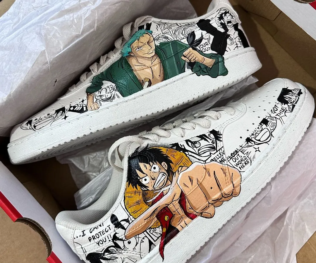 For all the anime fans, here's a One Piece piece I did. I captured Luffy and Zoro in a dynamic manga style, with black and white comic panels in the background. This custom artwork on Nike Court Visions is all about bringing that pirate adventure to your feet.