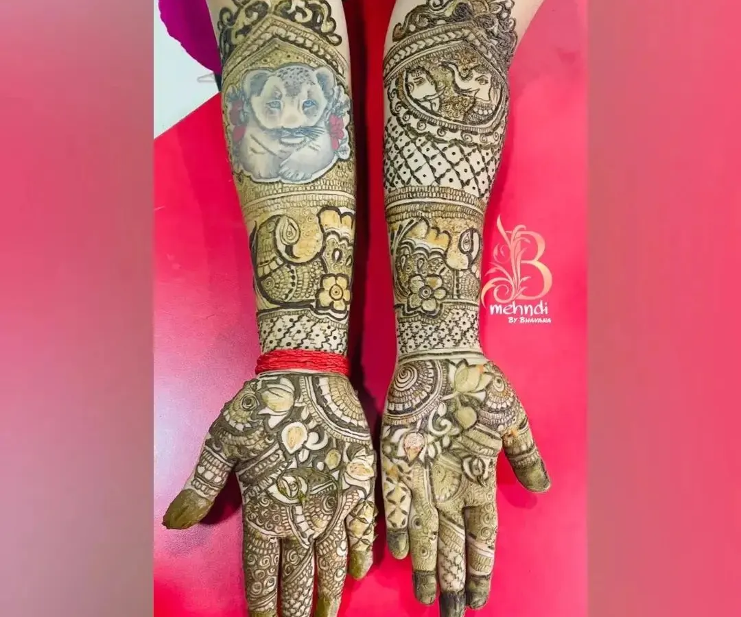 Yes, I do pet portraits! It brings me so much joy to include a beloved furry family member in a bridal henna design. This custom dog portrait was a special touch for a bride who wanted her best friend to be part of her big day.