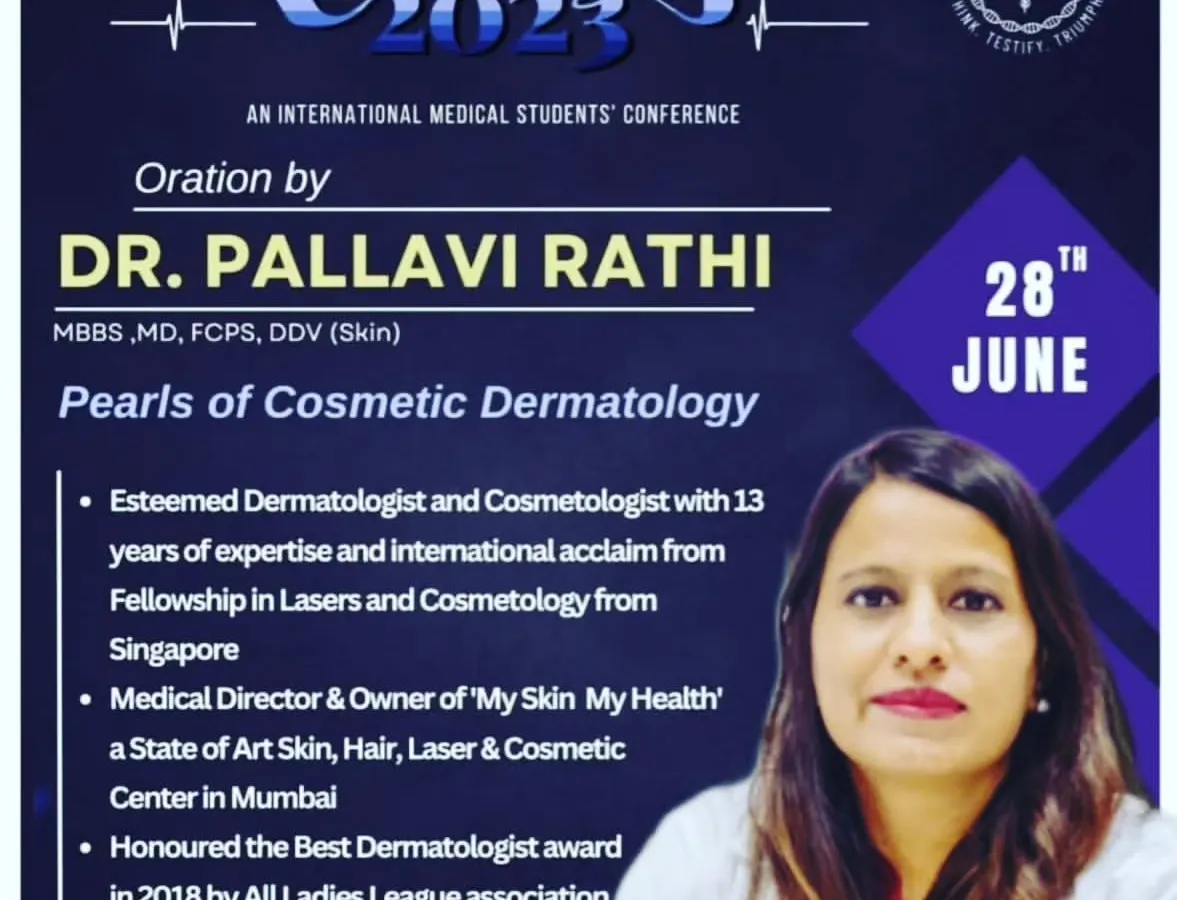 This poster highlights my invitation to speak at Trinity 2023, an international medical students' conference. I was honored to deliver an oration on the 'Pearls of Cosmetic Dermatology,' sharing my 13 years of clinical experience and insights from my international fellowship. Such engagements allow me to contribute to the education of future medical professionals and stay at the forefront of dermatological science.