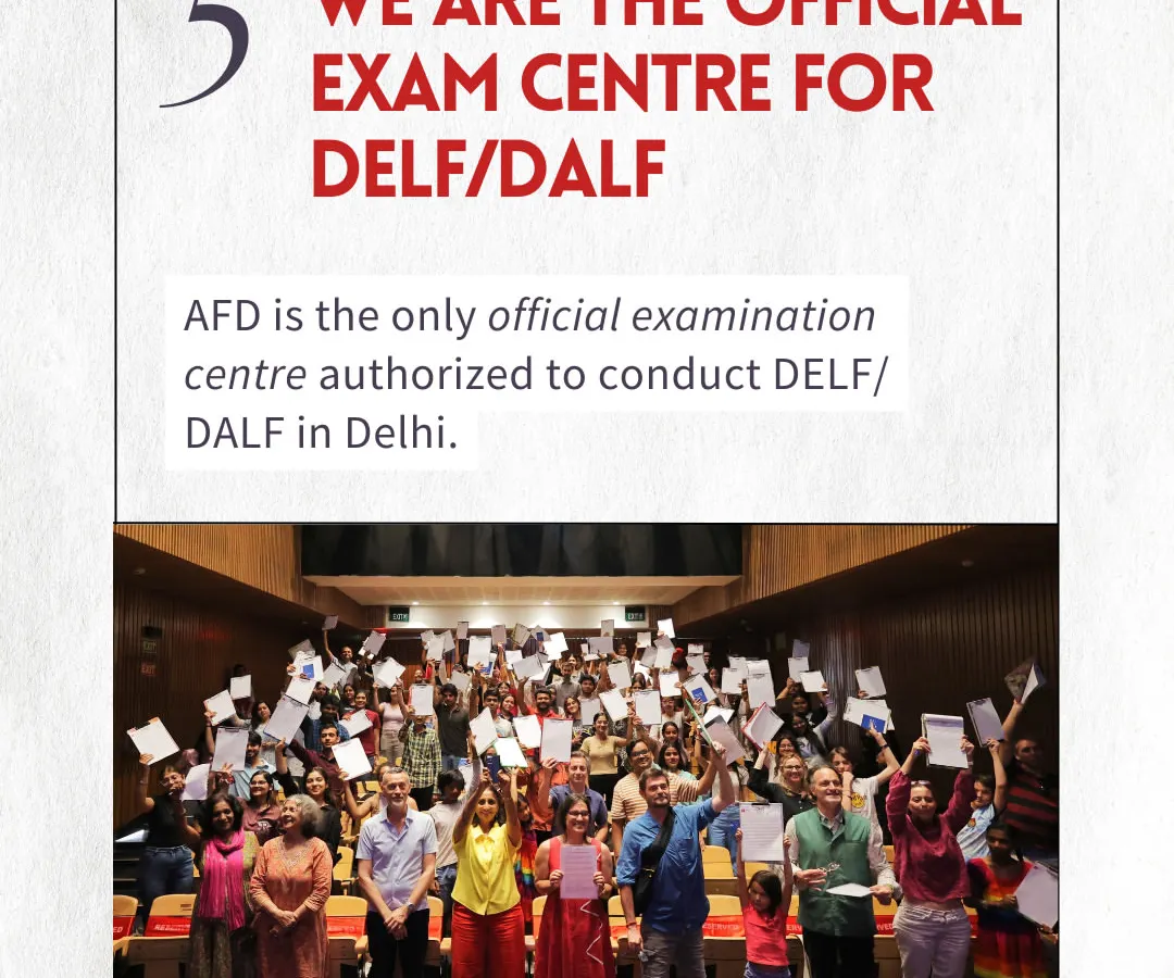 We are proud to be the only center in Delhi authorized to conduct the official DELF/DALF exams. This photo captures the joy and success of our candidates holding their hard earned certifications, a testament to their dedication and our commitment to authentic French language education.