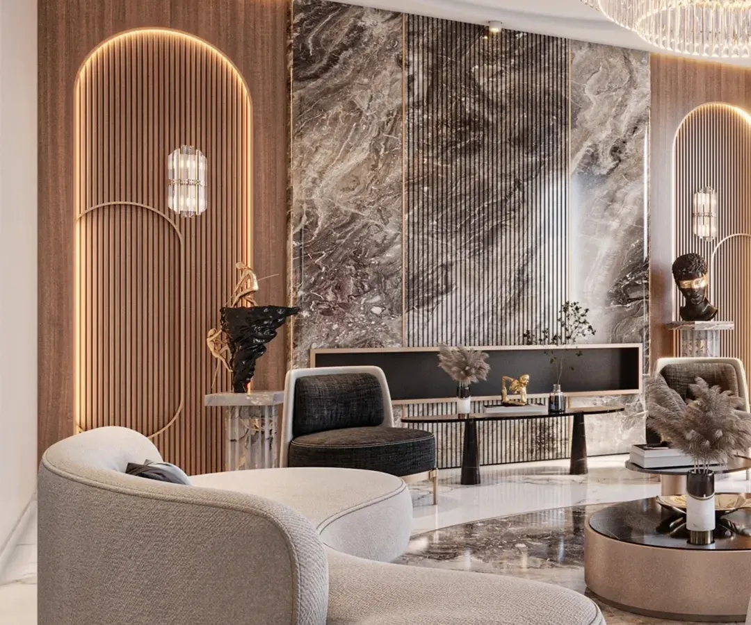 We believe in creating visual drama through form and texture. This drawing room is defined by its sculptural curves, rich materials, and layered lighting, crafting an environment that is both luxurious and welcoming.