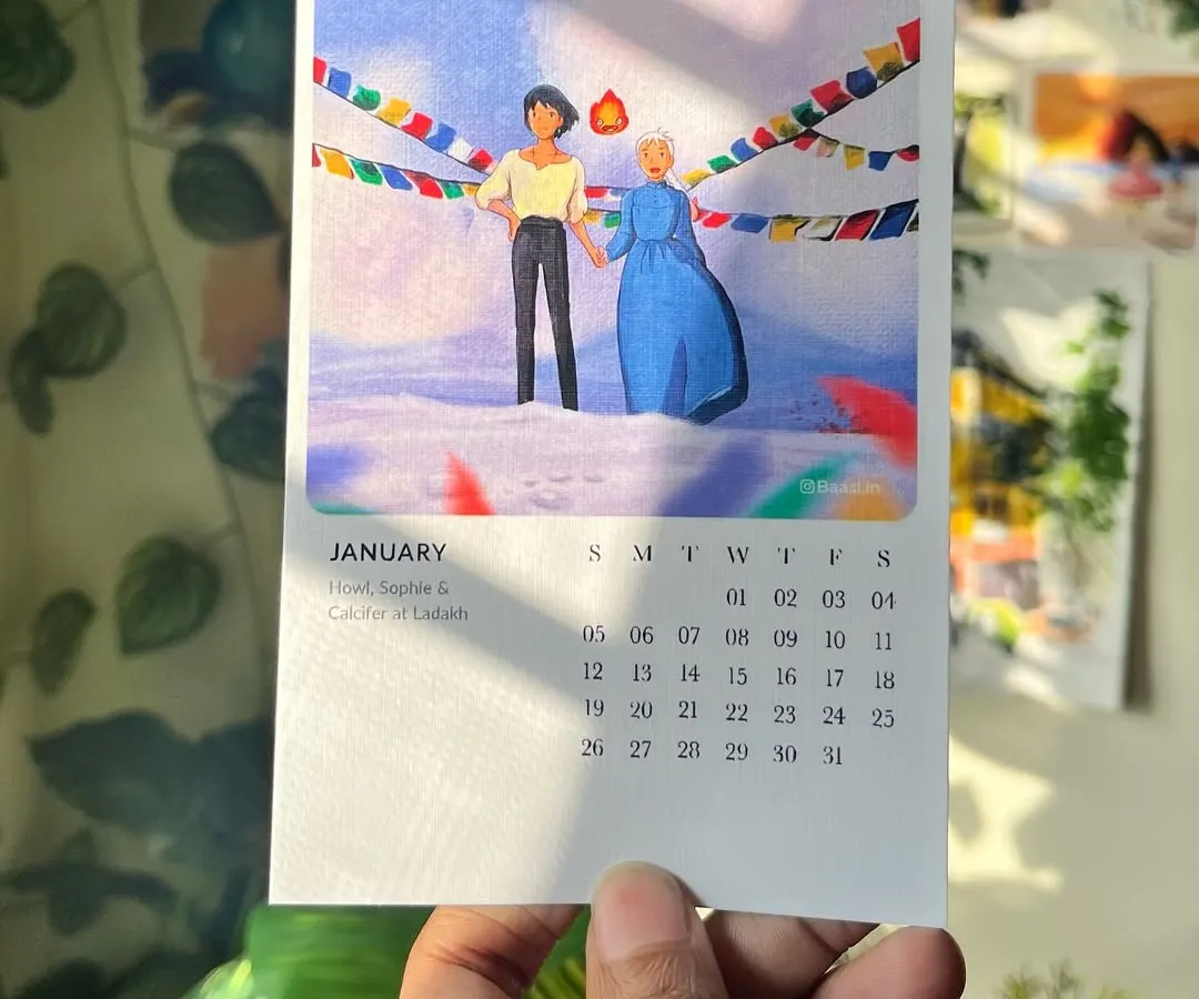 What if Howl and Sophie visited India? I imagined them in the serene, snowy landscapes of Ladakh for the January page of my 'Studio Ghibli: The Indian Chronicles' calendar. This project is a dream of mine, blending the magic of Ghibli with the beauty of my country.