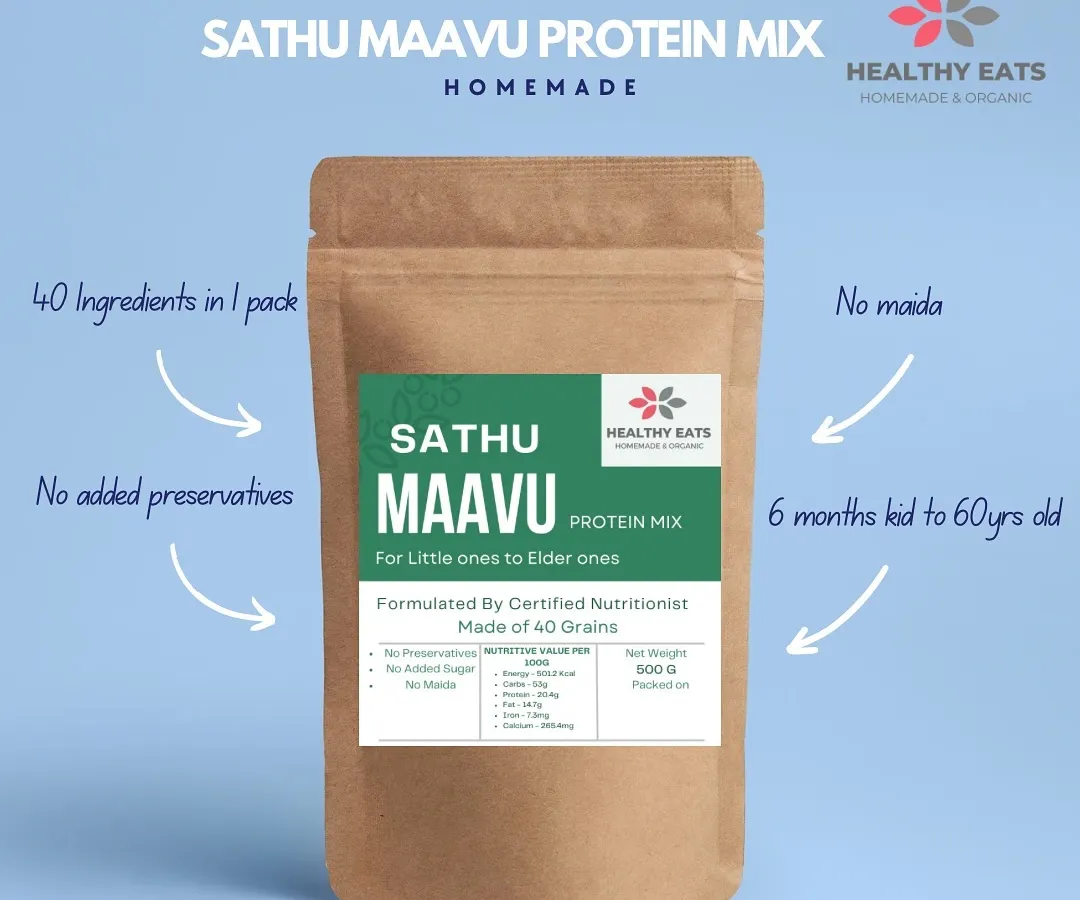 This is my promise to you, all on one pack. My homemade Sathu Maavu protein mix is made with 40 natural grains, contains no maida or preservatives, and has absolutely no added sugar. It's pure, wholesome nutrition suitable for everyone from a six-month-old baby to a sixty-year-old.