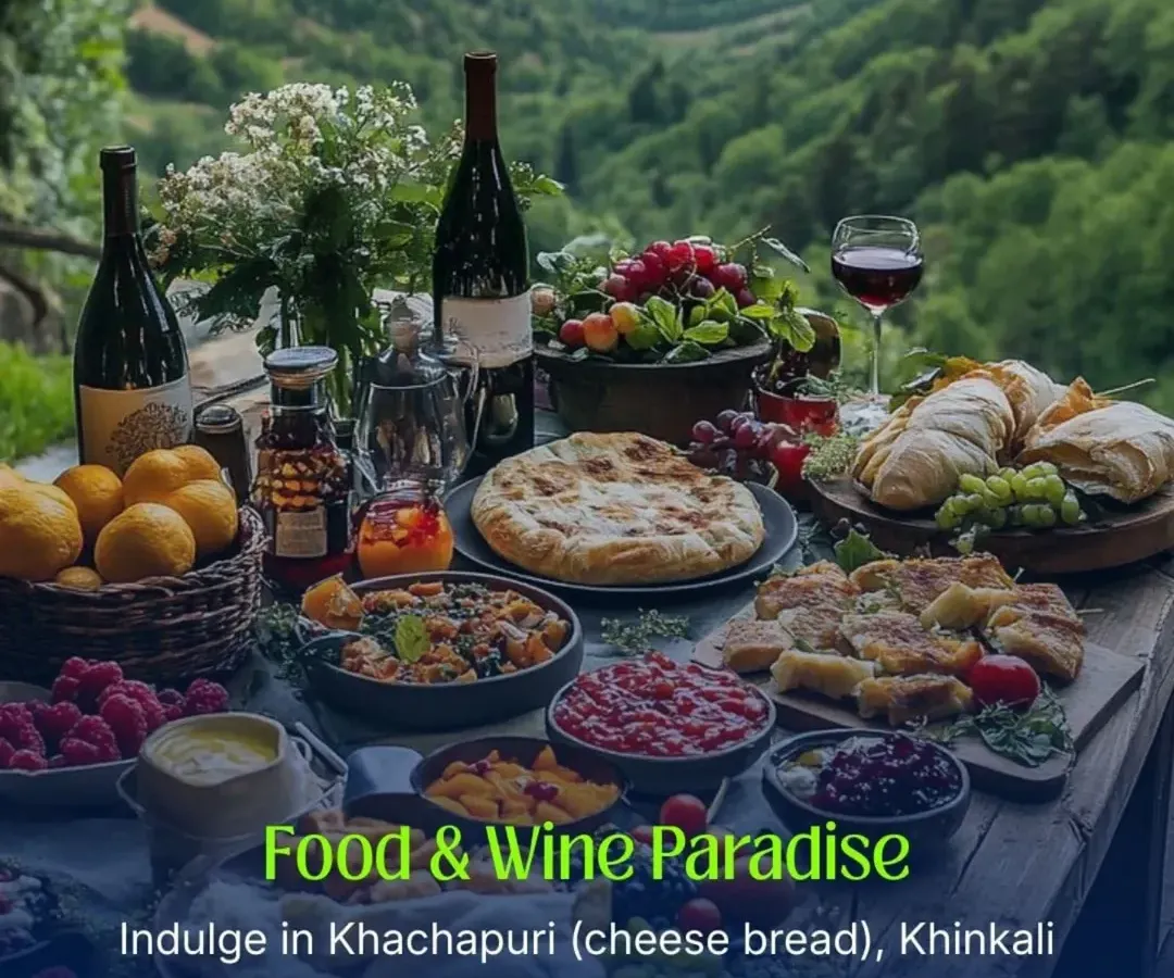This is what a food paradise looks like. On our Georgia trips, we indulge in authentic Khachapuri, juicy Khinkali dumplings, and world-renowned local wines, all set against breathtaking green valleys.