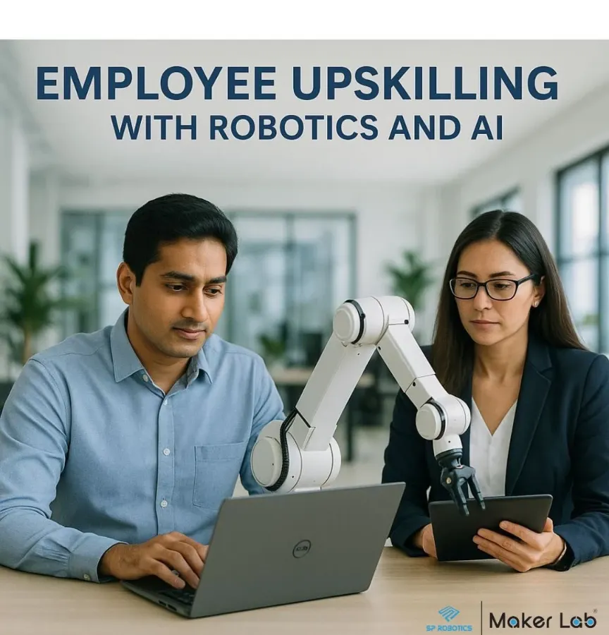 Our employee upskilling programs focus on tangible results, equipping your workforce with skills in robotics and AI. Here, two professionals work together on programming a collaborative robotic arm.