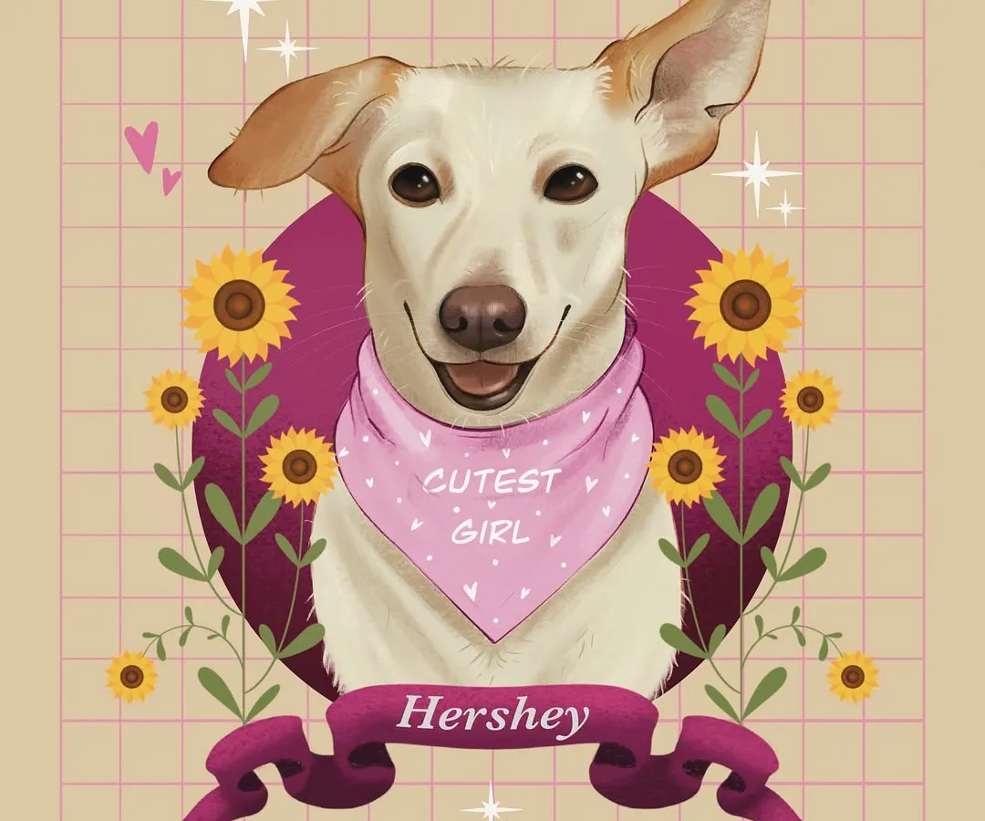 Meet the adorable Hershey. For this digital illustration, I focused on her happy expression, using a warm color palette with sunflowers and a custom banner to match her sunny personality. This style is perfect for a cheerful, modern pet tribute.