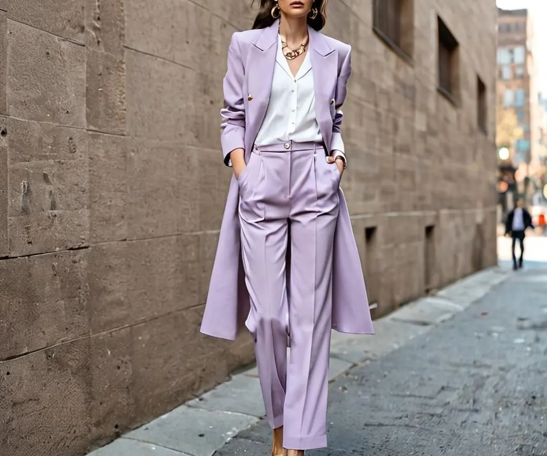 A complete three-piece power suit concept in a striking lilac shade. This visual explores modern tailoring with a longline coat, wide-leg trousers, and a simple white blouse, perfect for a designer's digital lookbook or style preview.