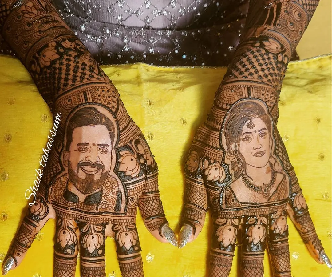 My specialty is creating lifelike portraits in henna. This design features detailed, realistic portraits of the bride and groom, turning their mehendi into a cherished and personal keepsake of their union.