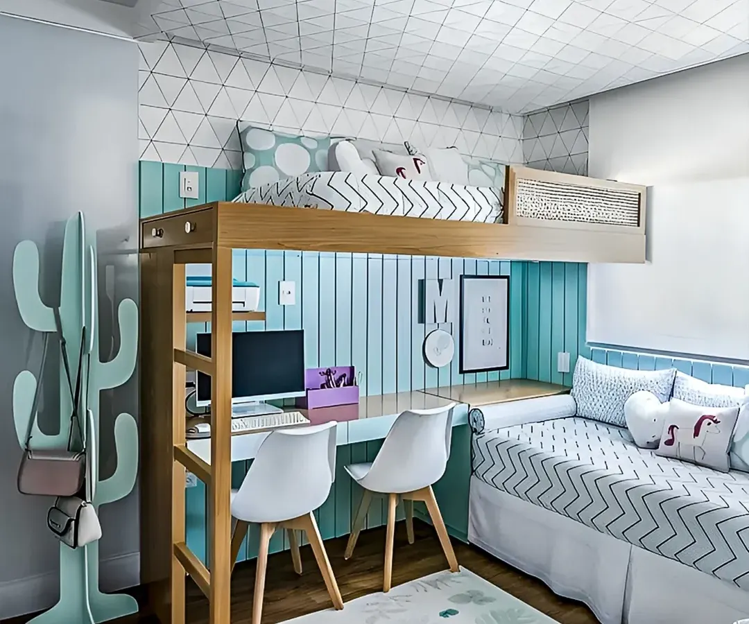 For shared rooms where space is a premium, we design solutions like this loft bed with a fully integrated double study area below. It provides personal zones for two children, complete with individual desk space and shelving, all within a compact and stylish footprint.