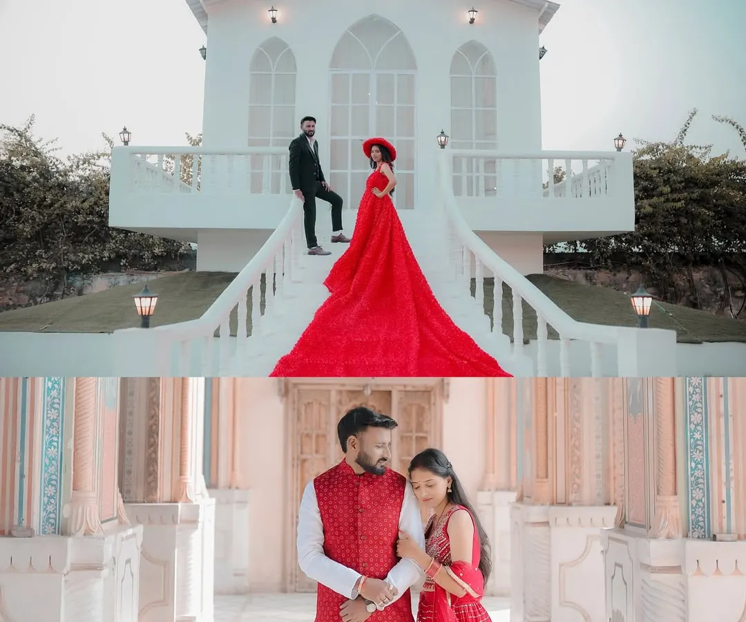 I offer a diverse range of styles in a single shoot. This couple enjoyed a grand, fairytale moment with a flowing red gown at my private film city, alongside a classic portrait session in traditional attire against Jaipur's heritage architecture.