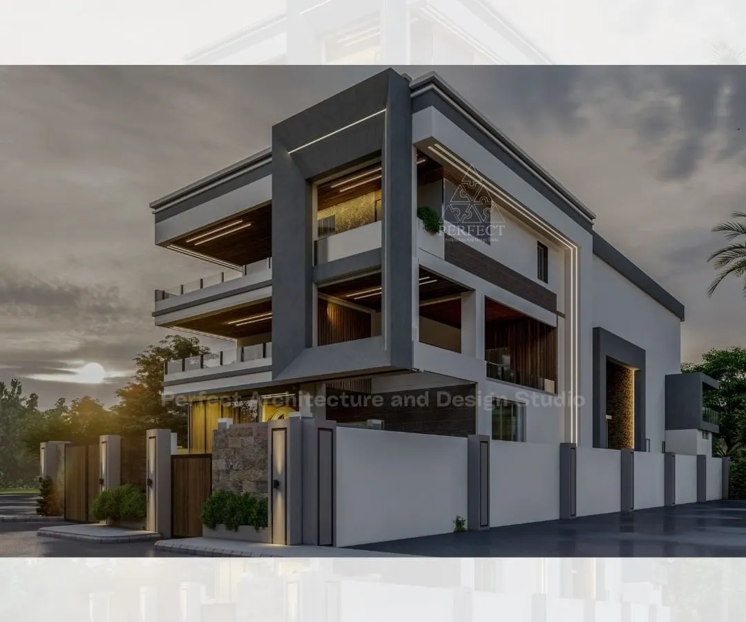 This architectural render showcases a luxury modern villa designed with bold, geometric lines. The exterior highlights a contrast of materials, cantilevered upper floors, and extensive use of glass to create a sophisticated and contemporary residence.