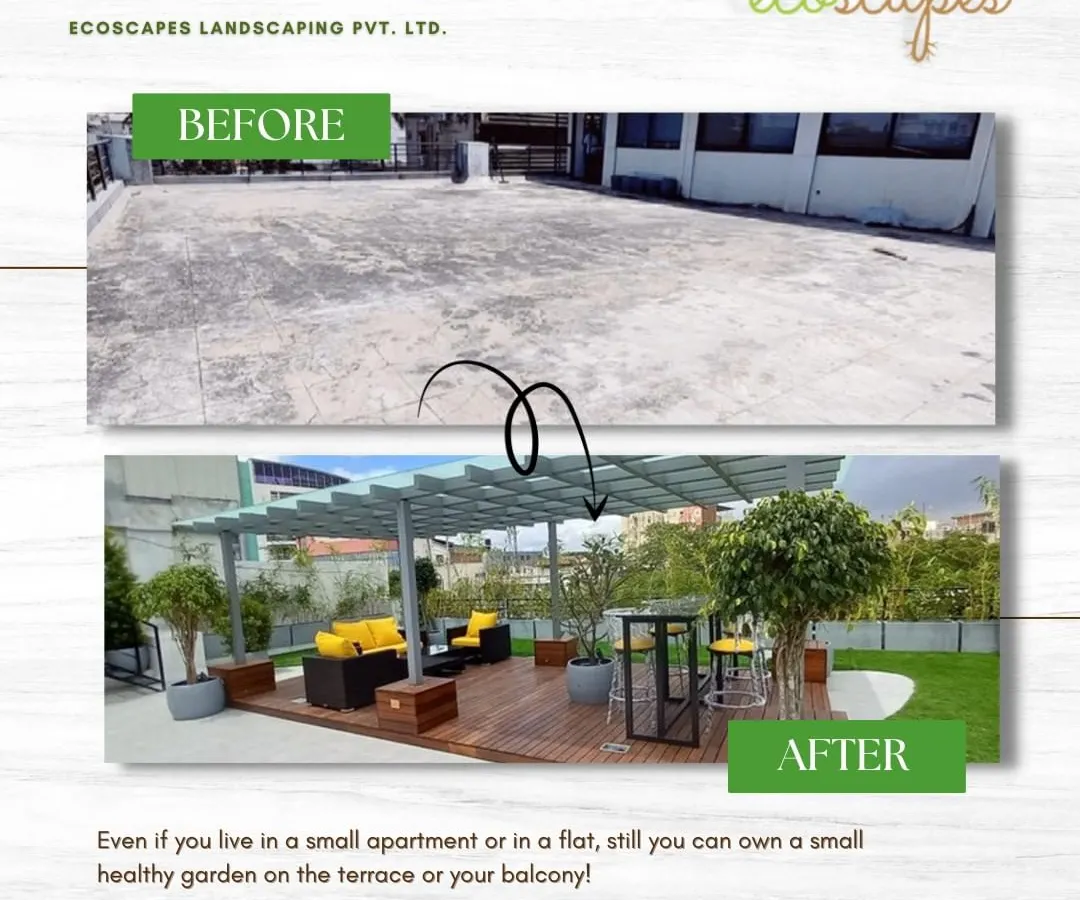 This is one of our favorite urban transformations. We turned a bare, unused apartment terrace into a fully functional outdoor lounge, complete with a wooden deck, comfortable seating under a pergola, and curated plants that thrive in a rooftop environment.