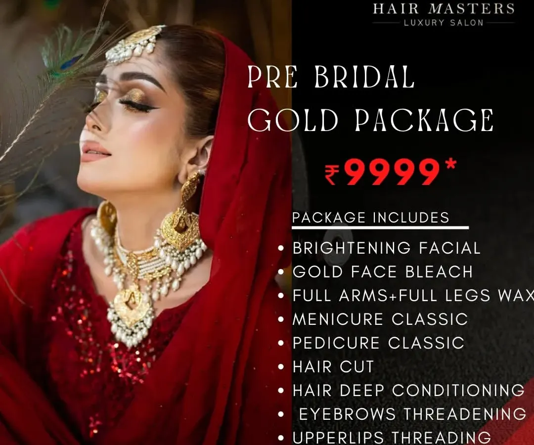 My Pre-Bridal Gold Package is designed to give you radiant skin for your big day. This comprehensive package includes key treatments like a Brightening Facial for that instant glow and a Gold Face Bleach to even out skin tone, ensuring you look and feel your absolute best.