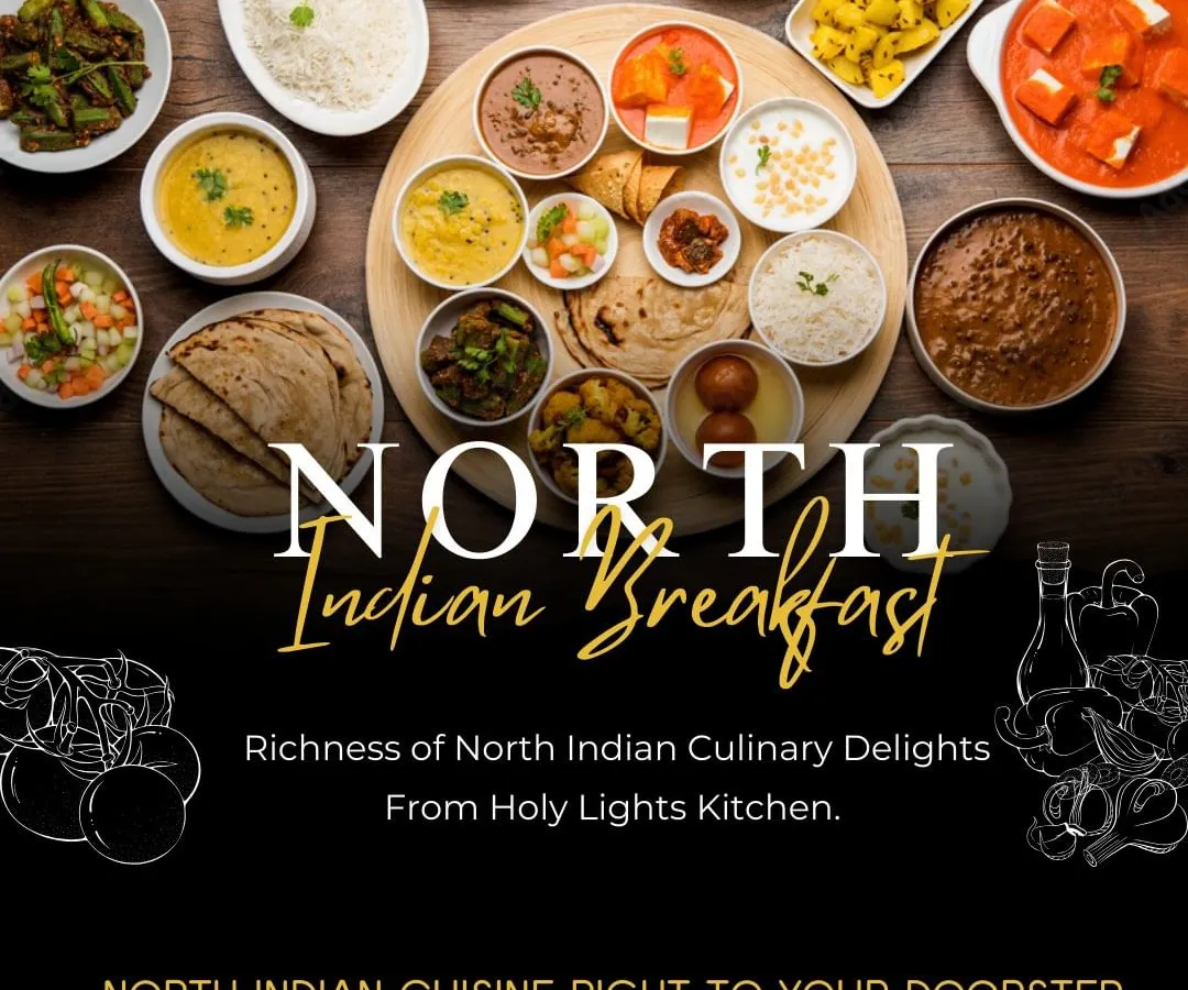 Explore the rich and diverse flavors of our North Indian breakfast menu. This spread features a selection of our finest curries, breads, and rice dishes, perfect for a hearty morning meal delivered right to your doorstep.
