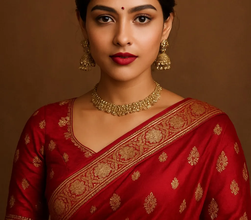 A powerful portrait is all about connection. This shot showcases a timeless look with a classic red saree and gold jewelry, perfect for capturing the elegance of pre-wedding functions or a solo bridal session.